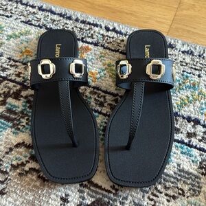 Larroude Milan Jelly Black Sandals with Gold Buckles